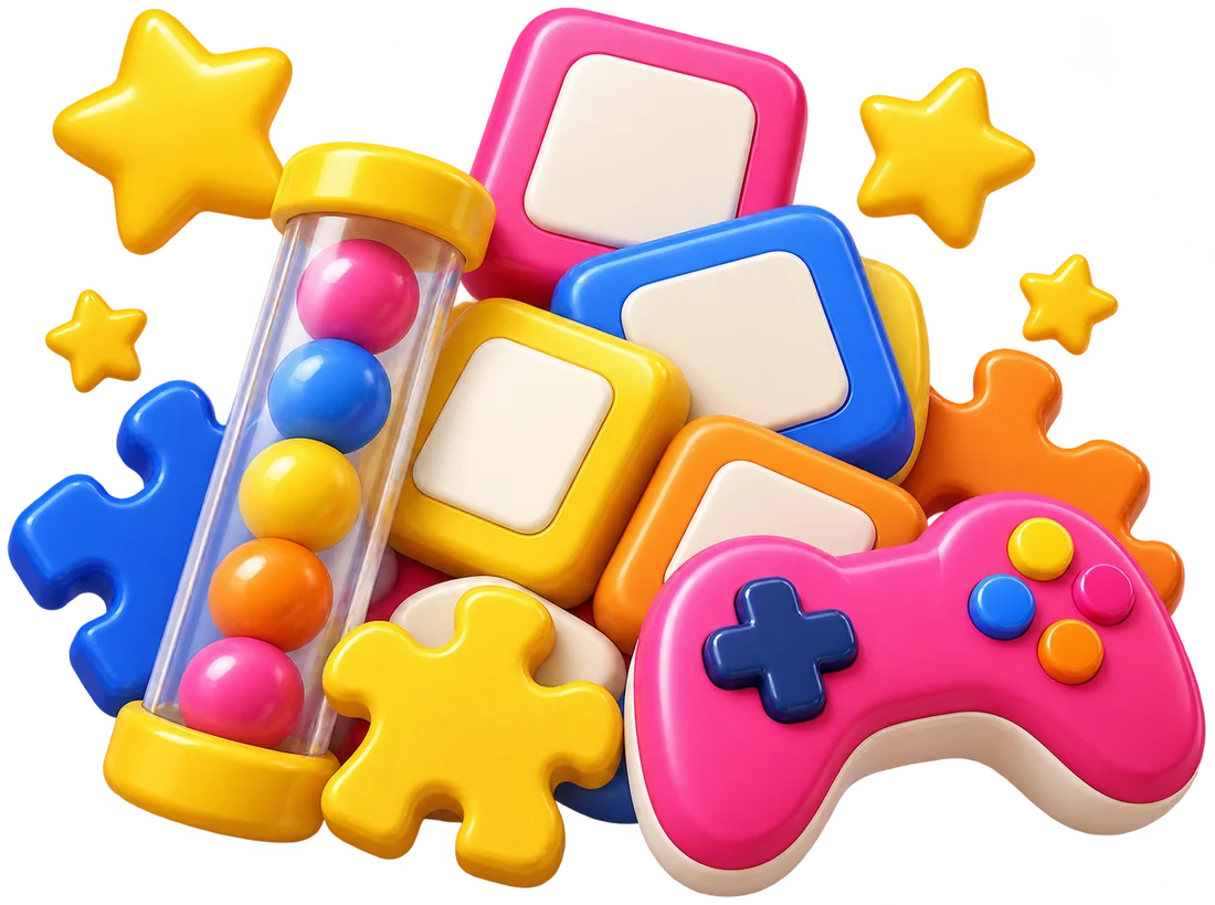 Colorful number tiles, a sort tube and puzzle pieces